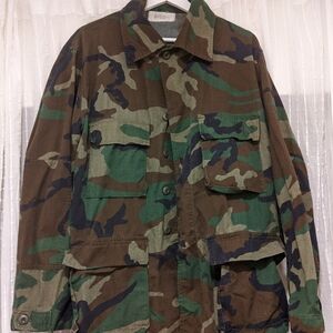 Green and Brown Military Field Coat with Camouflage Pattern